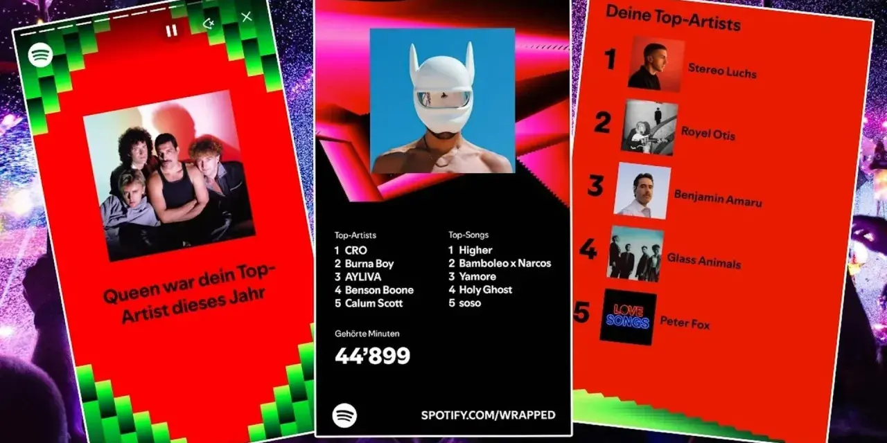 Spotify Wrapped zeigt Queen als Top-Artist. Daneben Listen mit Top-Künstlern und -Songs, sowie gehörte Minuten.