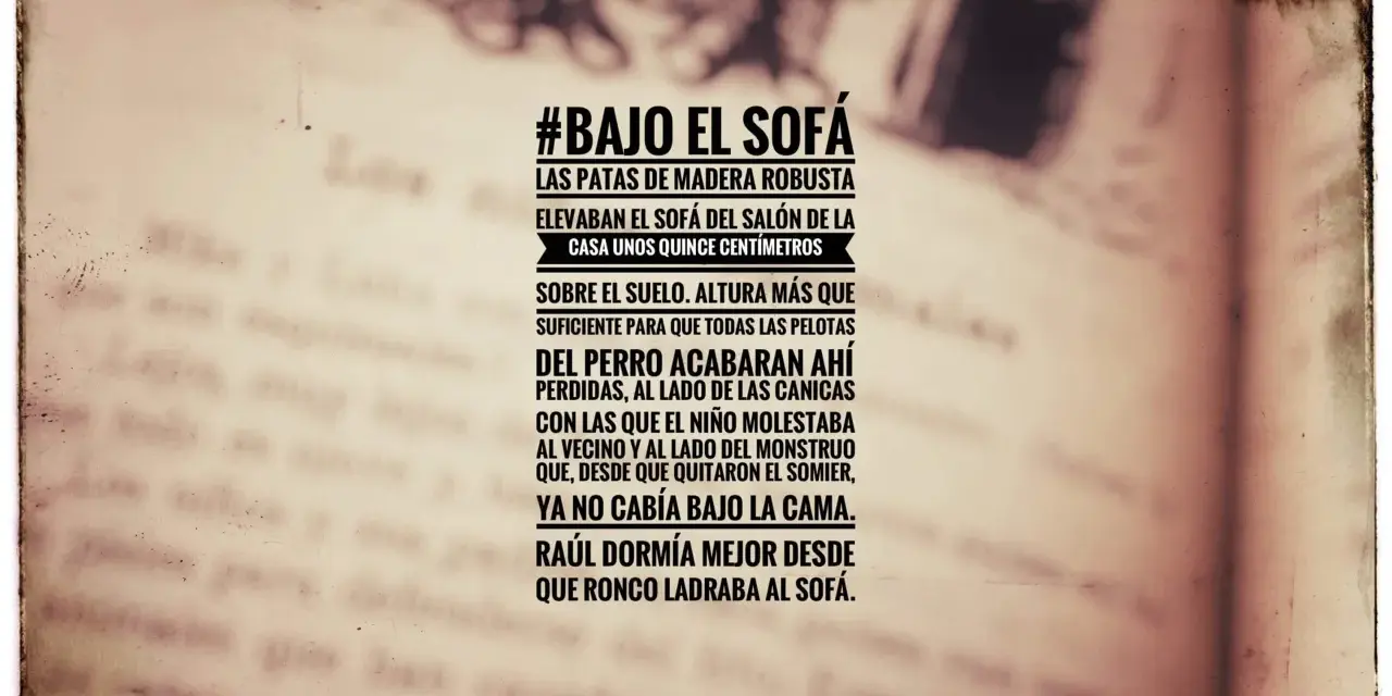 Texto de un microrrelato sobre un sofá y un perro, con un estilo vintage.