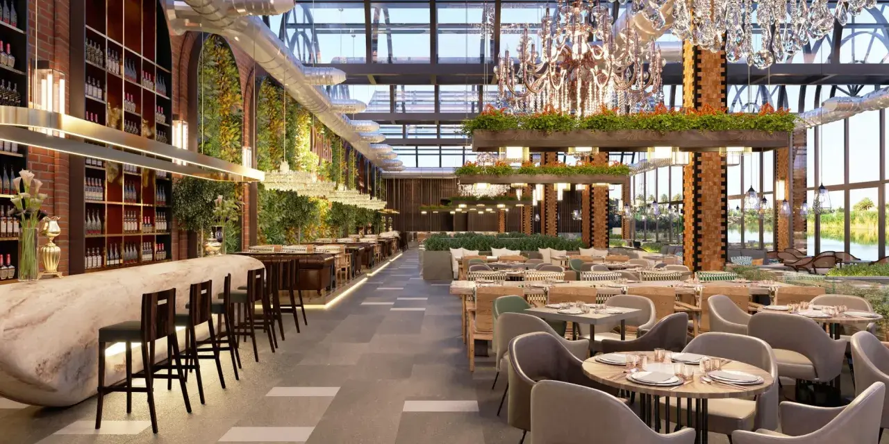Elegante restaurante con barra de mármol, estanterías de vino, paredes verdes y exuberante vegetación, ideal para negocios de comida.