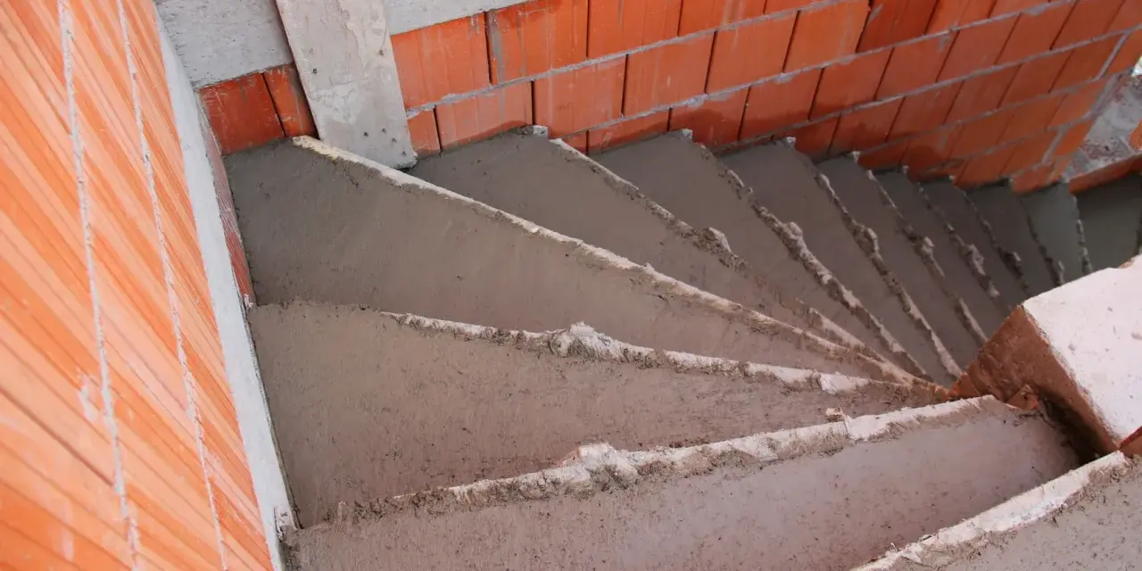 Escalier en béton brut, 5 marches en cours de construction, entouré de briques rouges. Estimation du prix escalier béton extérieur 5 marches.