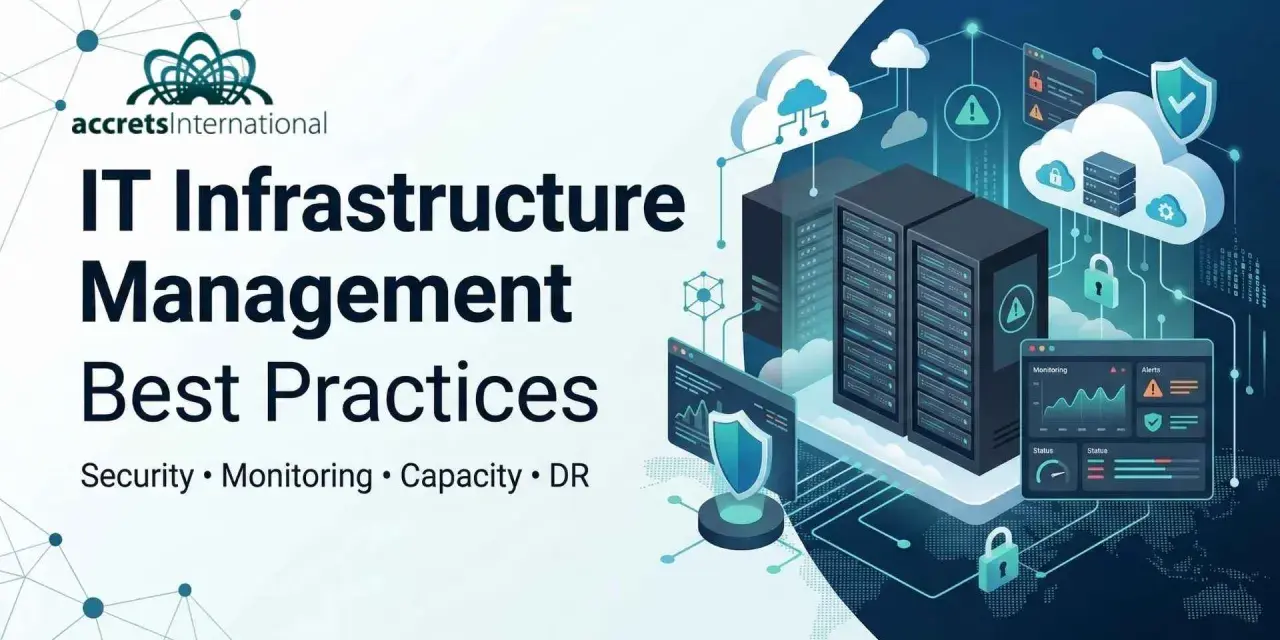 Illustration of IT infrastructure management, featuring servers, clouds, and security icons, highlighting best practices for network infrastructure management.