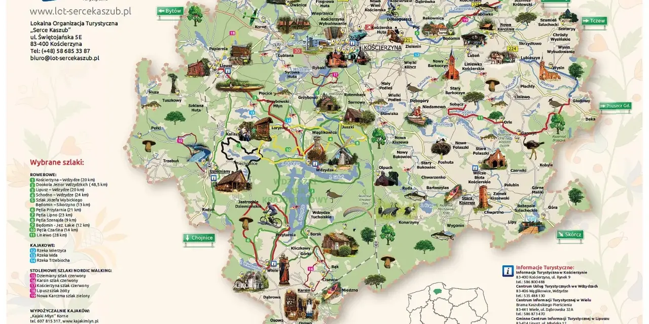Mapa Kaszub z zaznaczonymi szlakami rowerowymi, kajakowymi i pieszymi. Atrakcje turystyczne powiatu kościerskiego czekają!