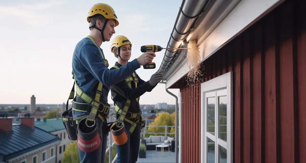 Två personer i varselkläder och hjälm arbetar på taket. En av dem borrar i takrännan, där träspån yr. De ser ut att fixa dubbla vindskivor på ett rött trähus.