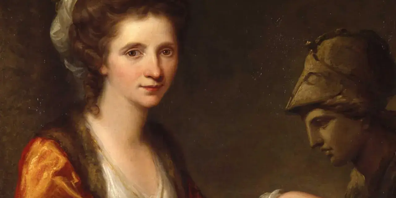 Portrait d'Angelica Kauffmann, artiste peintre, tenant un livre, avec une statue antique en arrière-plan.