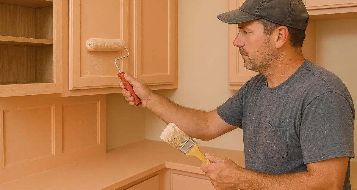Uomo con cappellino dipinge mobili da cucina in legno con pittura murale color pesca, usando rullo e pennello.