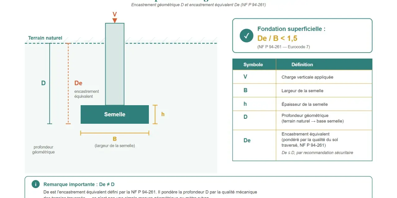 Schéma illustrant la **semelle de fondation dimension** avec ses notations : profondeur géométrique (D), largeur (B), épaisseur (h) et encastrement équivalent (De).