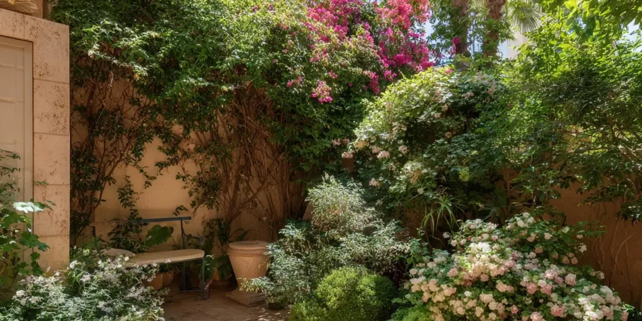 Un rincón acogedor con abundantes plantas enredaderas, flores rosas y blancas, y un banco bajo la sombra.