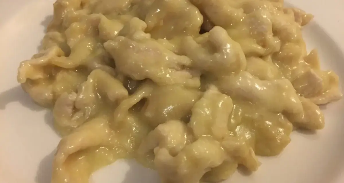 Straccetti di pollo al limone, un piatto cremoso e saporito, servito su un piatto bianco.