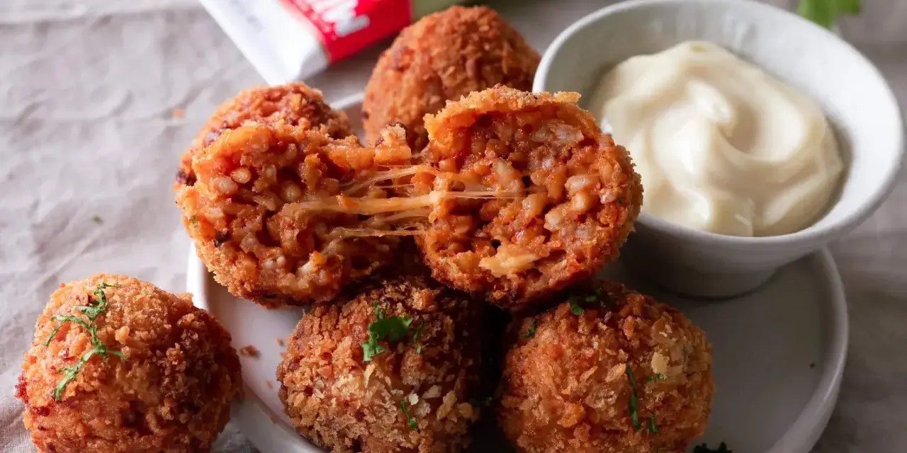 Was sind Arancini? Knusprig frittierte Reisbällchen mit geschmolzenem Käse, serviert mit einer cremigen Dip-Sauce.