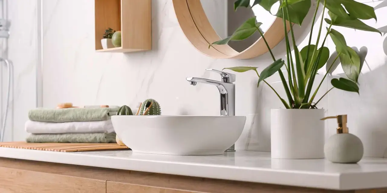 Plan de travail de salle de bain moderne avec vasque, robinetterie chromée, serviettes pliées et plante verte. La hauteur du plan de travail est idéale.