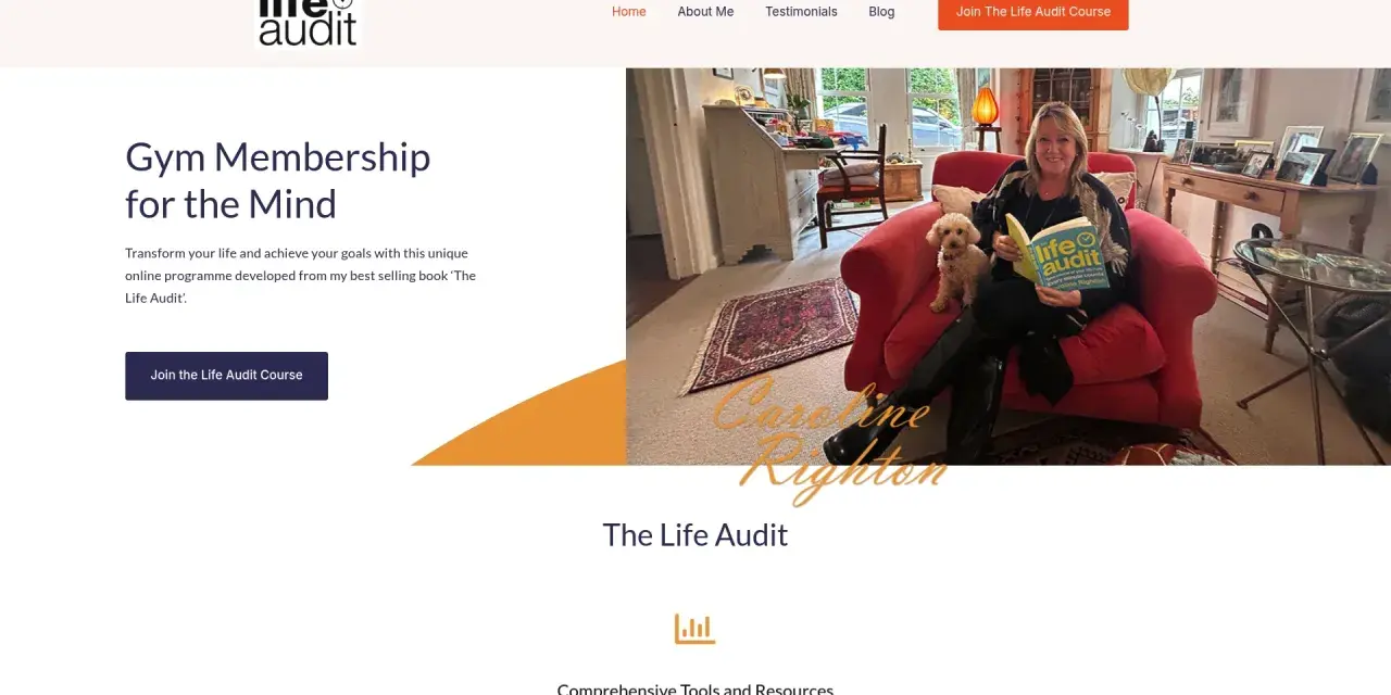 Woman with dog reads "The Life Audit" book, offering a daily check list for transformation.