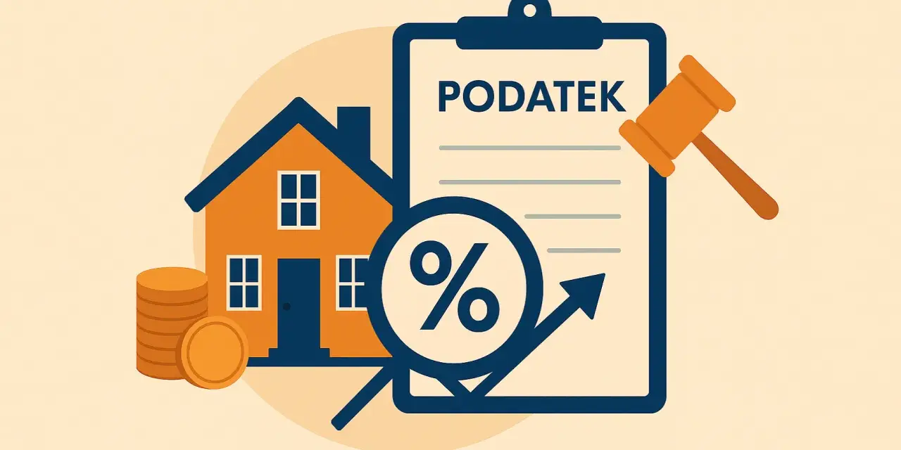 Dom, stos monet i dokument z napisem "PODATEK" oraz symbolem procentu i strzałką w górę. Podatek od sprzedaży nieruchomości.
