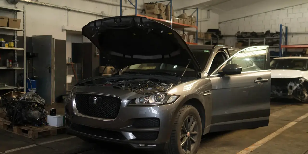 Grauer Jaguar XE mit geöffneter Motorhaube und Tür in einer Werkstatt, bereit für Reparaturen wegen Jaguar XE Probleme.