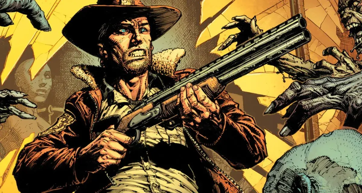 Rick Grimes z strzelbą otoczony przez zombie.
