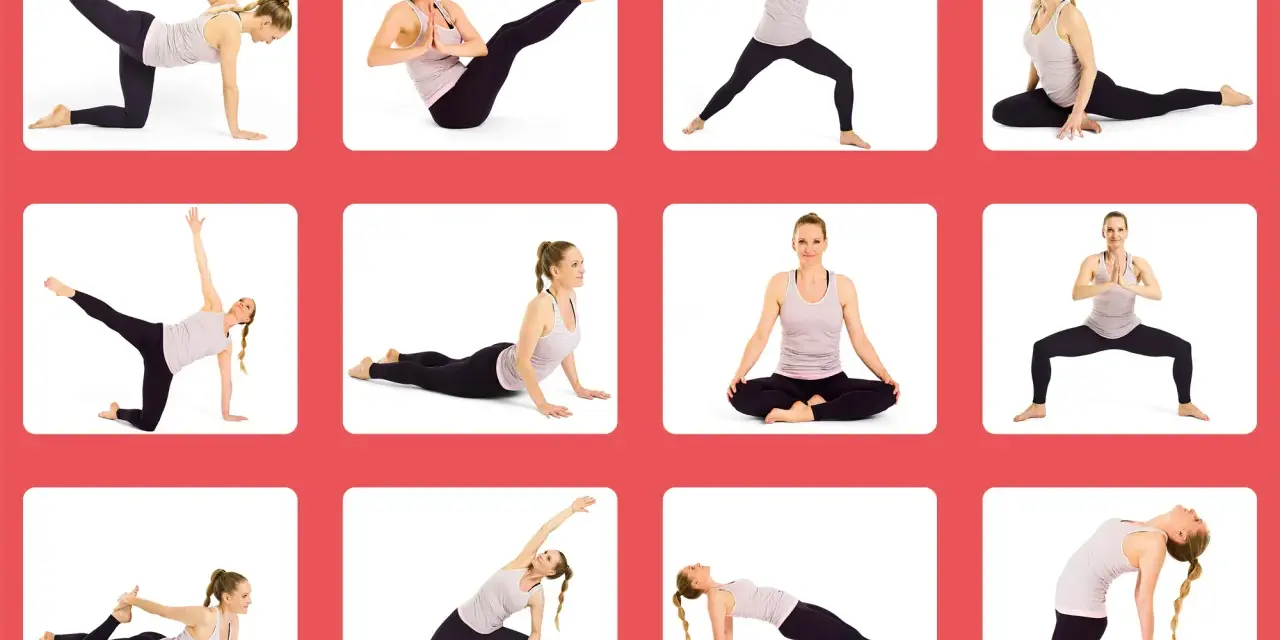 En kvinna utför olika hatha yoga-positioner, från stående till liggande, med fokus på flexibilitet och styrka.