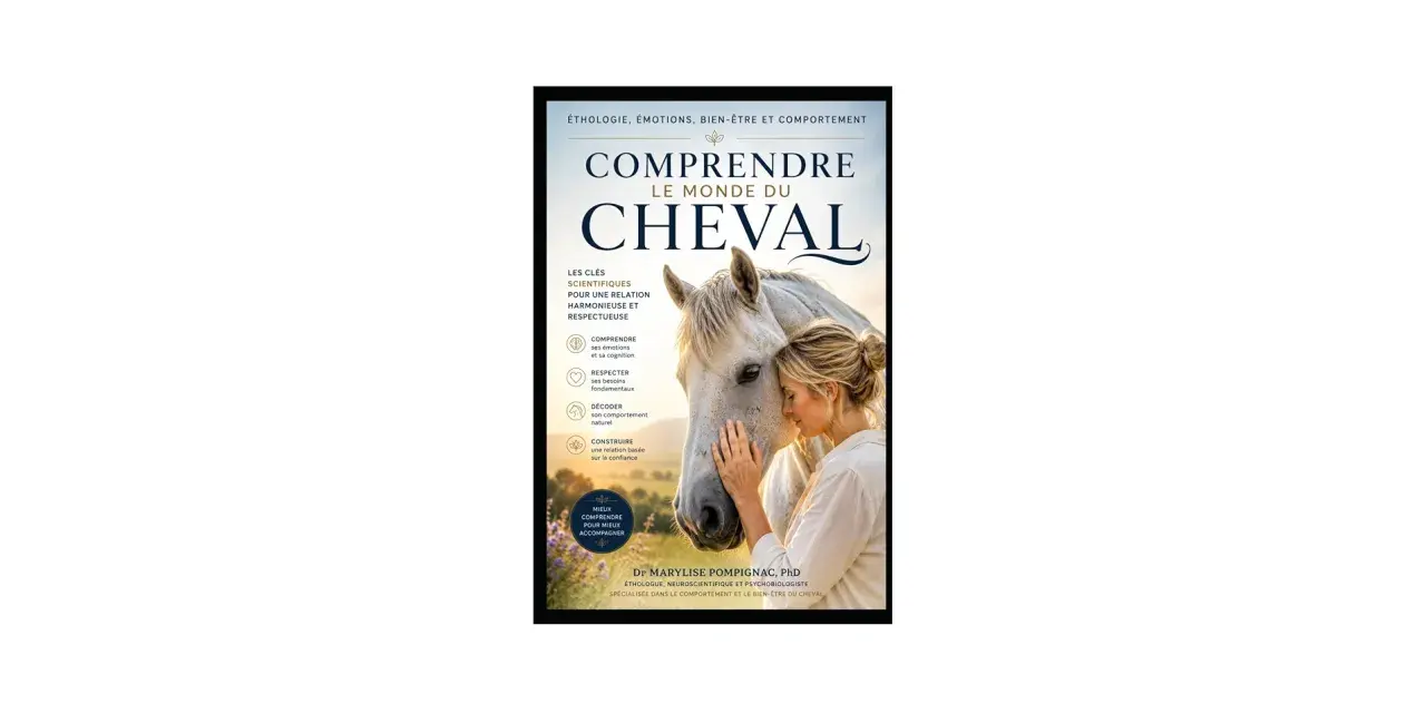 Livre "Comprendre le monde du cheval" par une éthologue. Une femme enlace un cheval blanc, illustrant l'éthologie et la relation homme-animal.