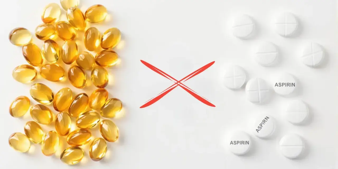 Żółte kapsułki po lewej, czerwony znak "X" na środku, białe tabletki z napisem "ASPIRIN" po prawej.