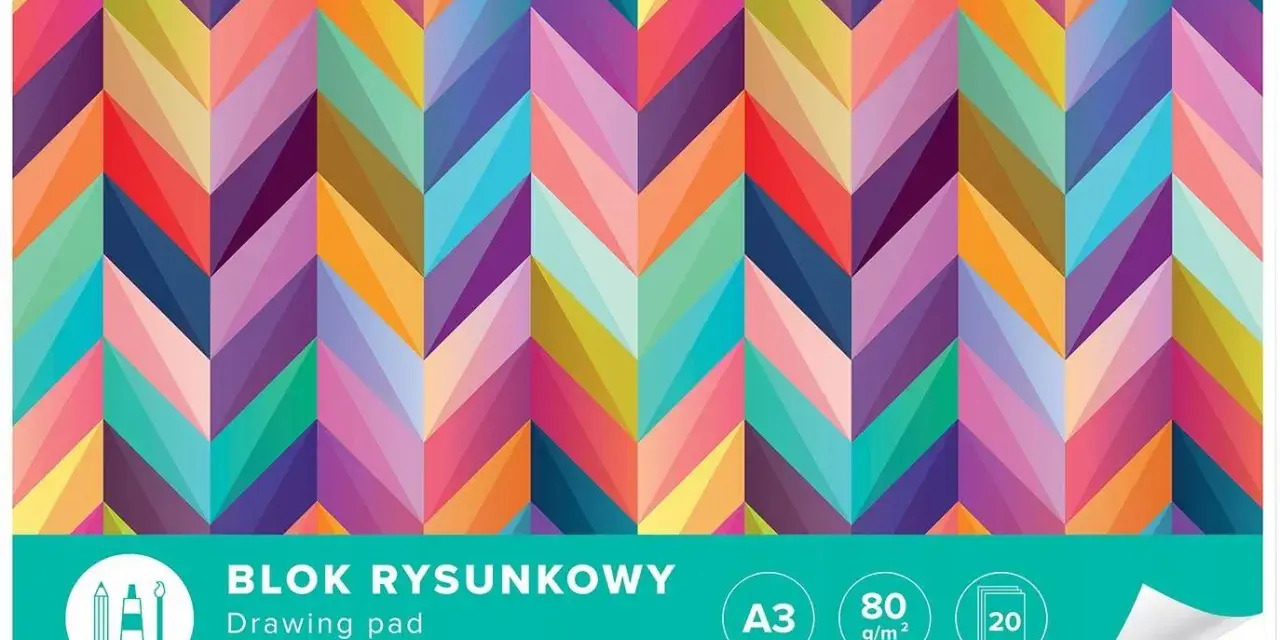 Kolorowy blok rysunkowy z motywem jodełki, idealny do szkolnej wyprawki. Format A3, 80 g/m², 20 kartek.