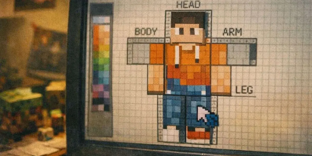 Tworzenie własnych skinów do MC na ekranie komputera. Widoczny edytor z postacią w kratkę, paletą kolorów i etykietami: HEAD, BODY, ARM, LEG.