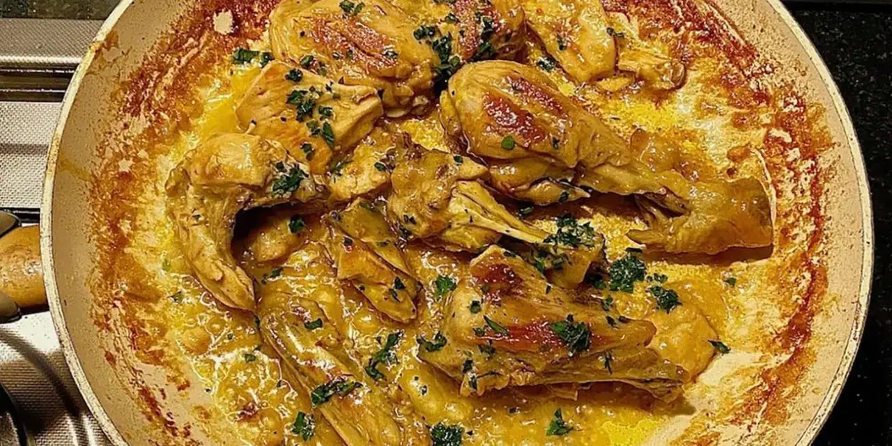 Pollo alla Marengo succulento in padella, dorato e profumato, con erbe fresche tritate.