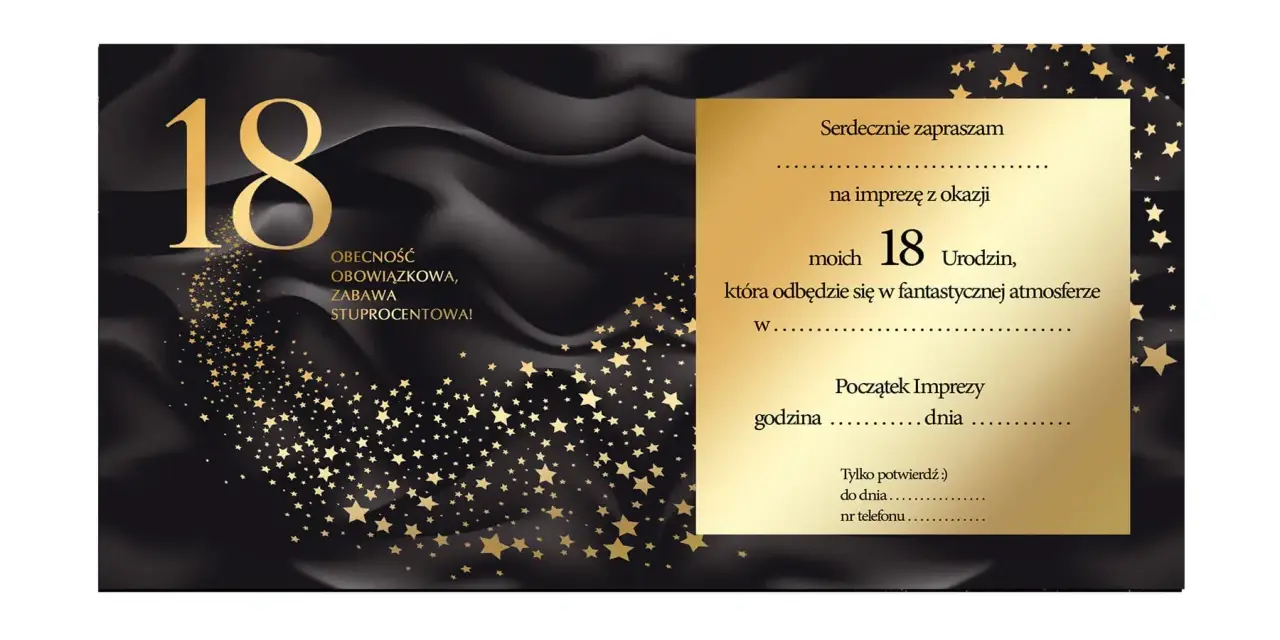 Eleganckie zaproszenie na 18 urodziny. Złota liczba 18 i gwiazdki na czarnym tle. Tekst: "Serdecznie zapraszam na imprezę z okazji moich 18 Urodzin...".