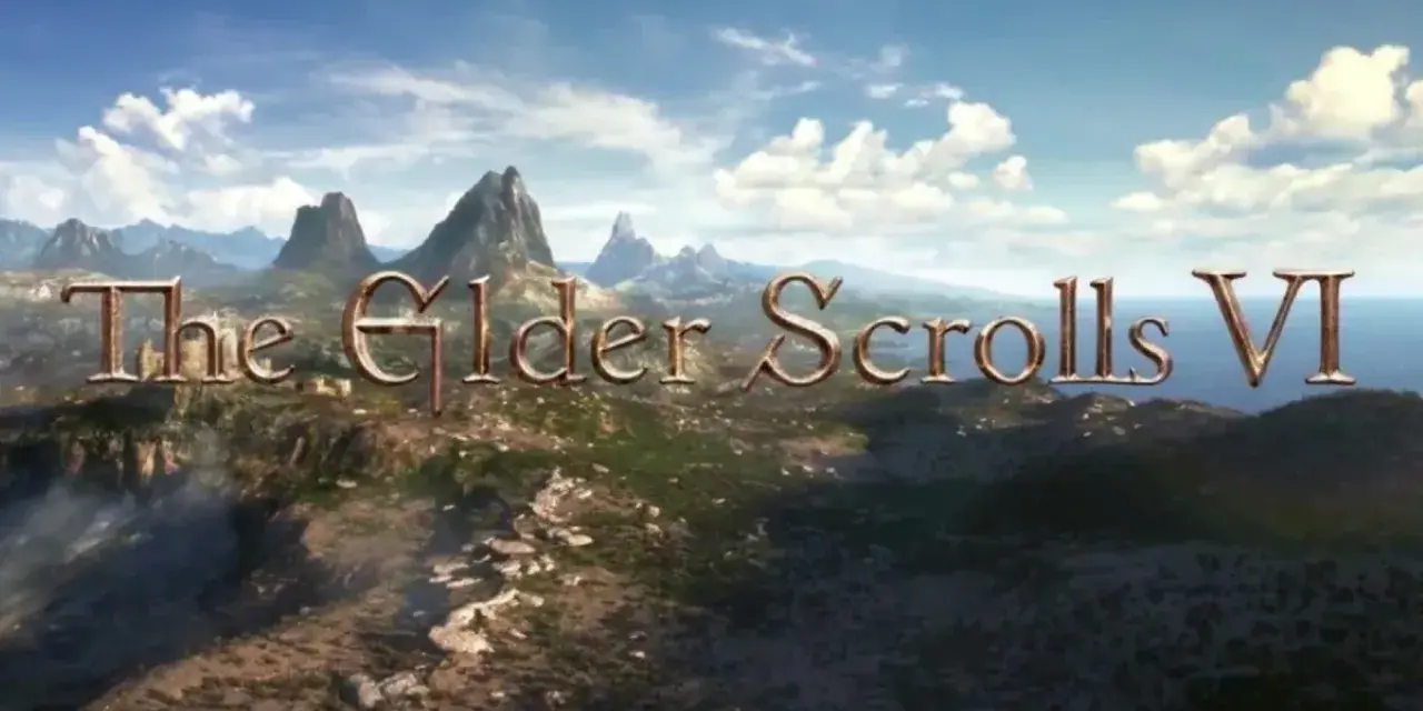 El título "The Elder Scrolls VI" se cierne sobre un paisaje montañoso y costero, anunciando una nueva aventura.