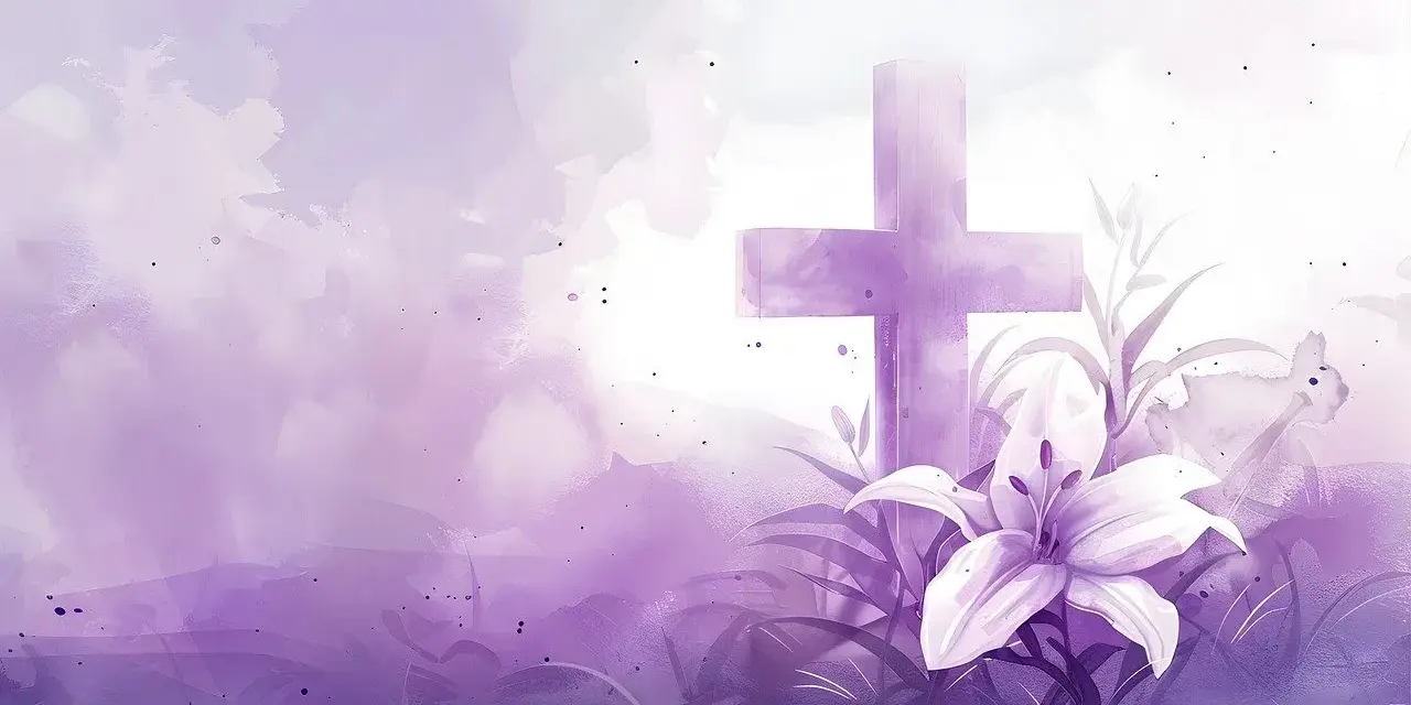 Fioletowy krzyż i lilia na tle akwarelowych chmur. Jak w psalm 147, chwała Bogu za piękno stworzenia.