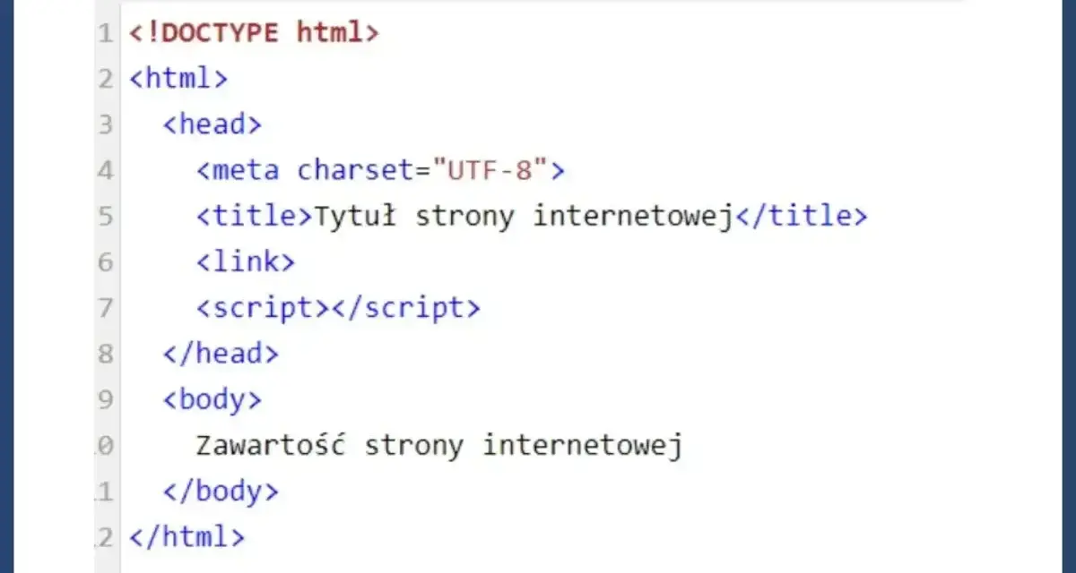 Fragment kodu HTML z podstawową strukturą strony: doctype, html, head (z meta, title, link, script) i body. To prosty komentarz do kodu.