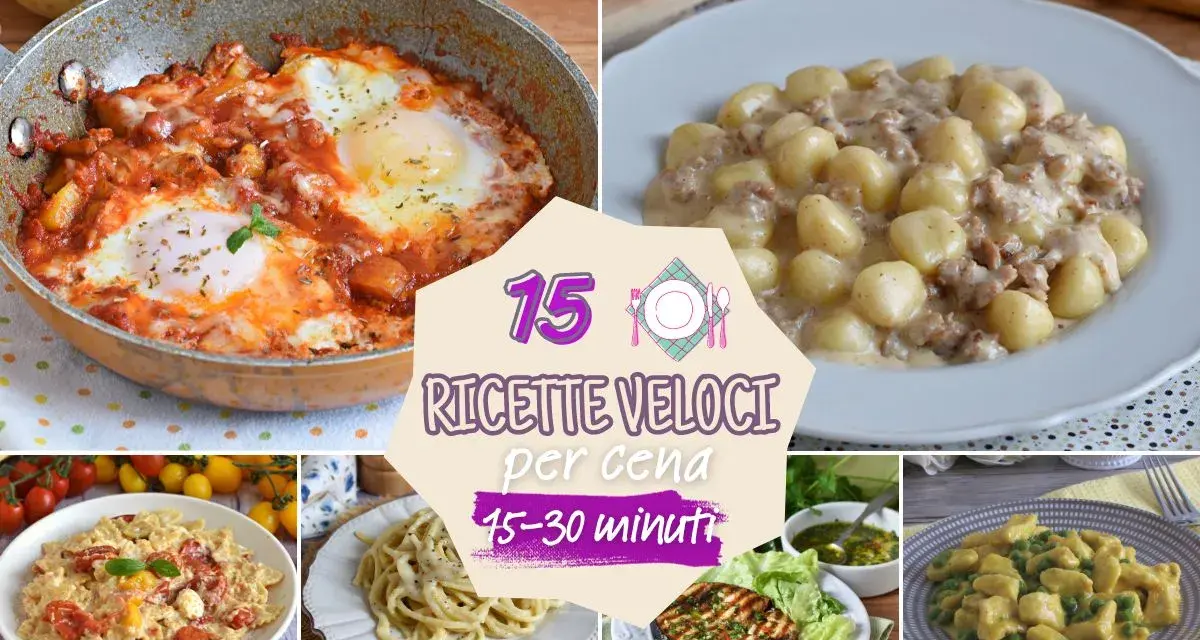 Collage di piatti invitanti, tra cui uova in purgatorio e gnocchi, che celebrano la pasta veloce per una cena in 15-30 minuti.