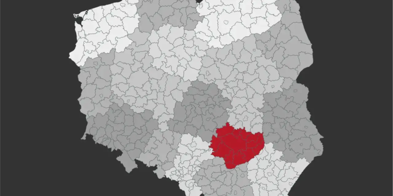 Mapa Polski z zaznaczonym na czerwono obszarem. Tu właśnie znajdują się Góry Świętokrzyskie.