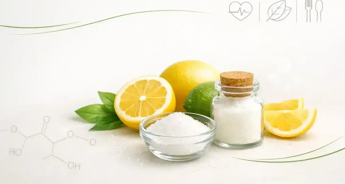 Cytryny, limonka i biały proszek w słoiku. Czy kwasek cytrynowy jest zdrowy? Ikony serca, liścia i sztućców sugerują zdrowie i dietę.