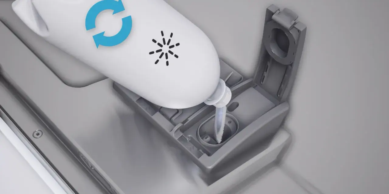 Flasche mit Pfeilsymbol für das Bosch Maschinenpflege Programm wird in einen Behälter geleert.