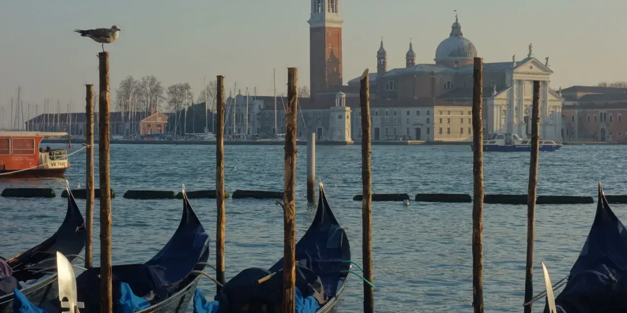 Gondole czekają na turystów na weneckiej trasie. W tle kościół San Giorgio Maggiore.