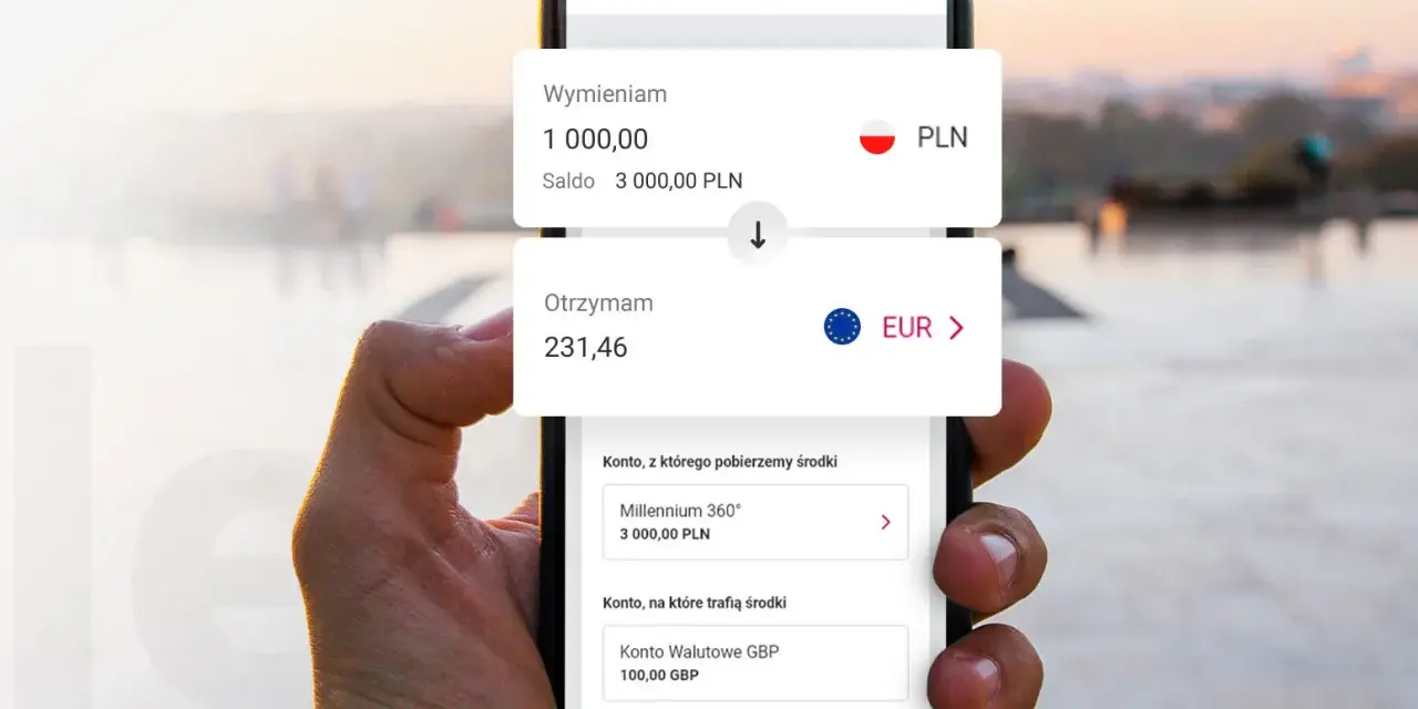 Dłoń trzyma smartfon z aplikacją kantoru. Widoczny kurs wymiany PLN na EUR.