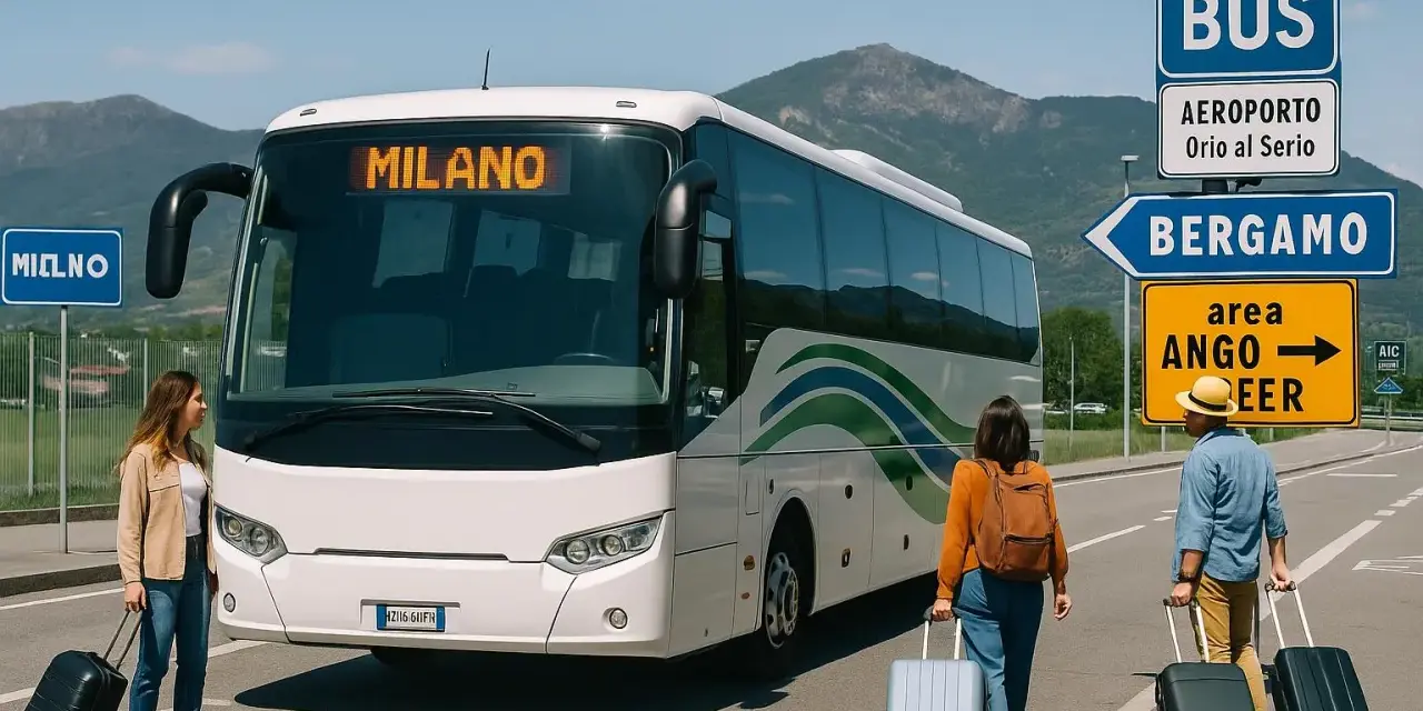 Autobus z napisem MILANO czeka na pasażerów. Dwie osoby z walizkami kierują się w stronę pojazdu, gotowe na podróż.