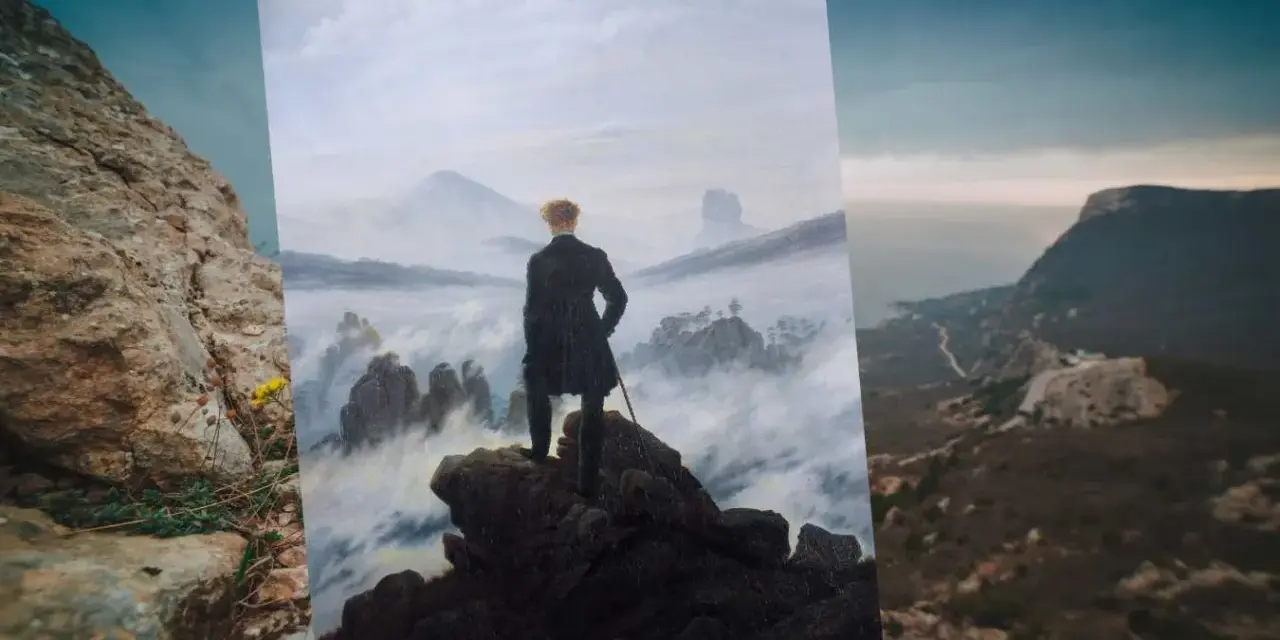 Kordian na tle mglistych szczytów, jakby zdobywał Mont Blanc. Romantyczna wizja w chmurach.