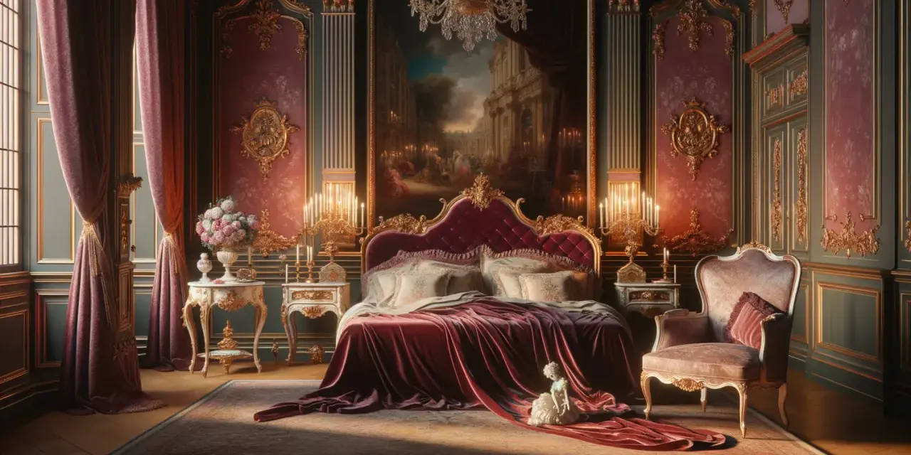 Chambre opulente, drapée de velours rouge, avec un tableau rappelant Fragonard Le Verrou. Une poupée de porcelaine repose sur la couverture.