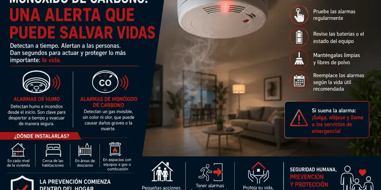 Infografía sobre tipos de detectores de humo y monóxido de carbono, su instalación y mantenimiento para salvar vidas.