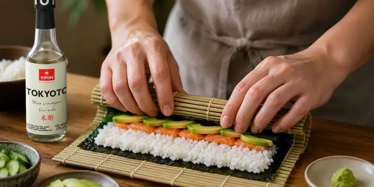 Ręce zwijają sushi z łososiem i awokado. Obok butelka octu ryżowego "Tokyoto" - idealna zaprawa do sushi na 500g ryżu.