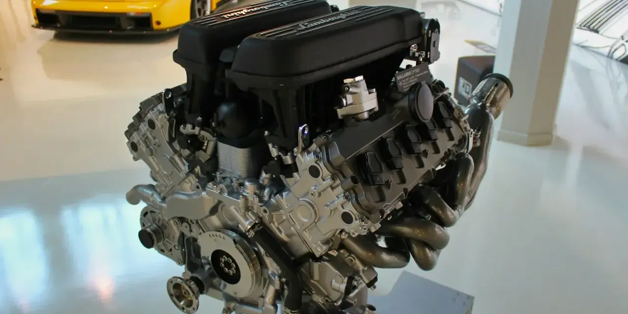 Silnik Lamborghini V10, serce żółtego Diabła, prezentuje swoją skomplikowaną konstrukcję. Nawet zatarty silnik budzi podziw.