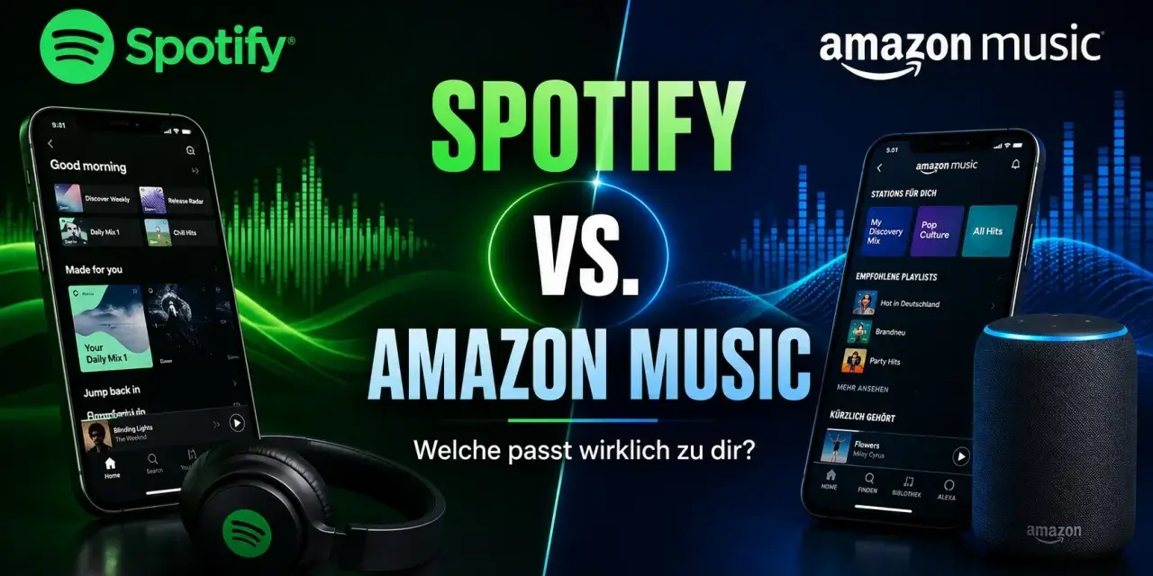 Spotify vs. Amazon Music: Zwei Smartphones zeigen die Benutzeroberflächen der Musikdienste. Kopfhörer und ein Echo-Lautsprecher vervollständigen die Szene.