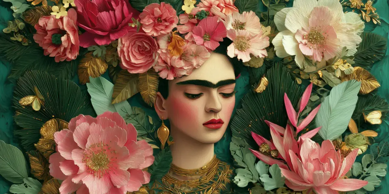 Portrait de Frida Kahlo, couronnée de fleurs roses et blanches, entourée de feuillage luxuriant et de touches dorées. Une œuvre inspirée par le style de Frida Kahlo.