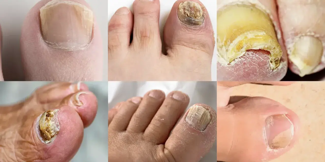 Gros plans de plusieurs orteils montrant différents stades de mycose de l'ongle, avec des ongles jaunis, épaissis et déformés.