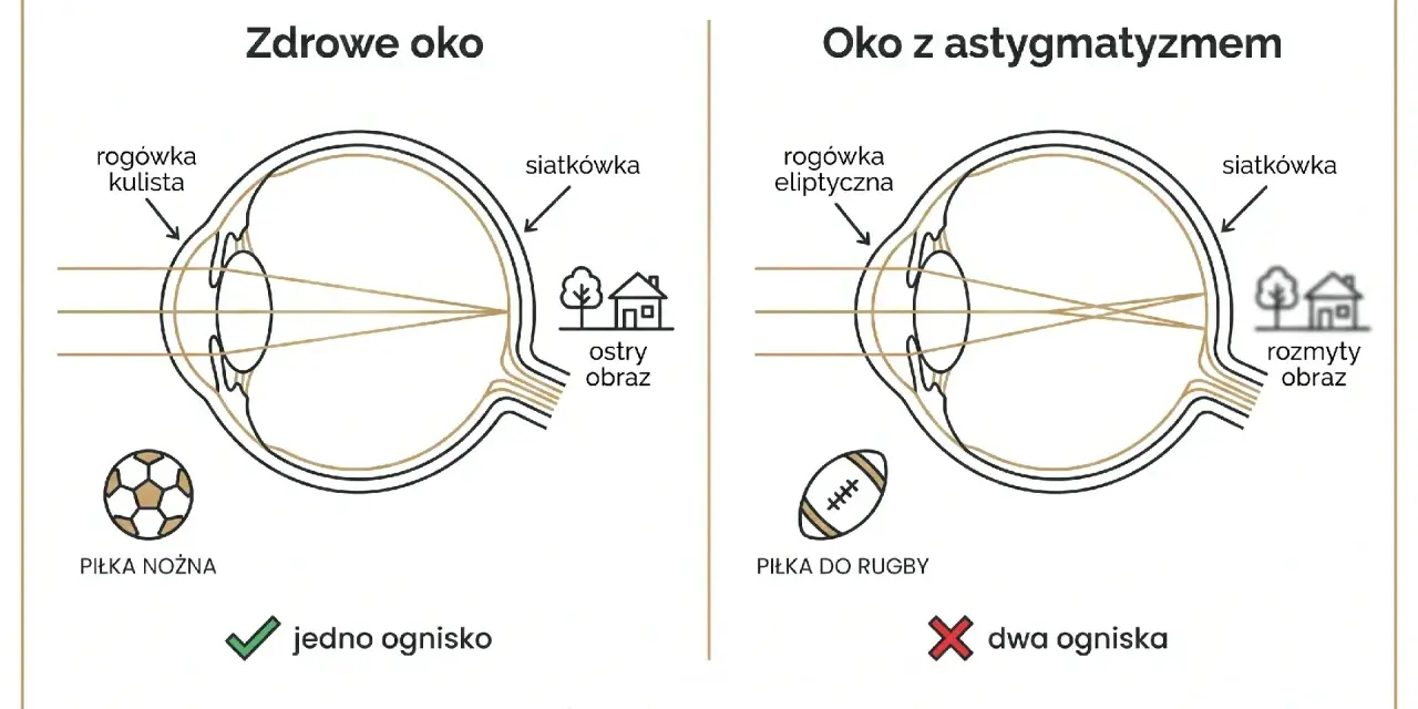 Zdrowe oko skupia światło na siatkówce, dając ostry obraz. Oko z astygmatyzmem ma eliptyczną rogówkę, co powoduje dwa ogniska i rozmyty obraz.