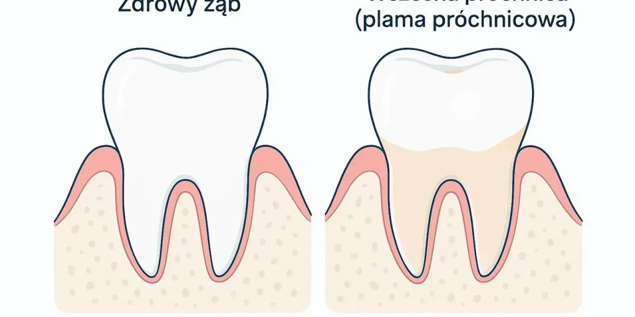 Zdrowy ząb obok zęba z wczesną próchnicą, czyli plamą próchnicową. Dentysta widzi różnicę w kolorze i strukturze szkliwa.