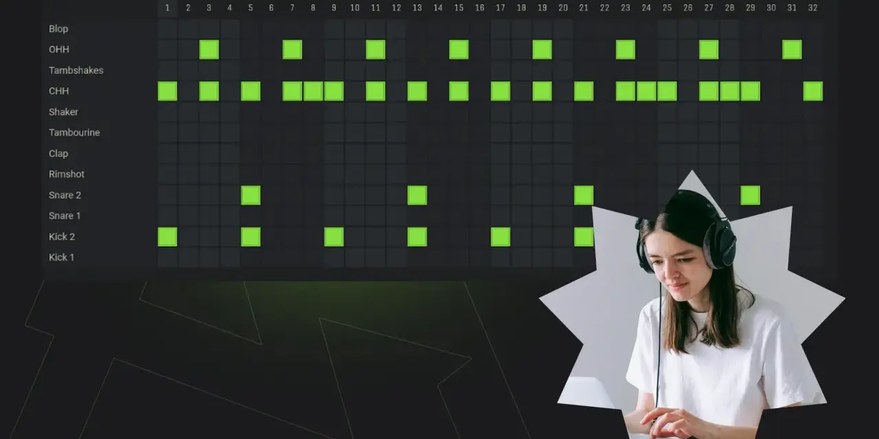Kobieta w słuchawkach tworzy muzykę EDM na komputerze, programując rytm w edytorze perkusyjnym.