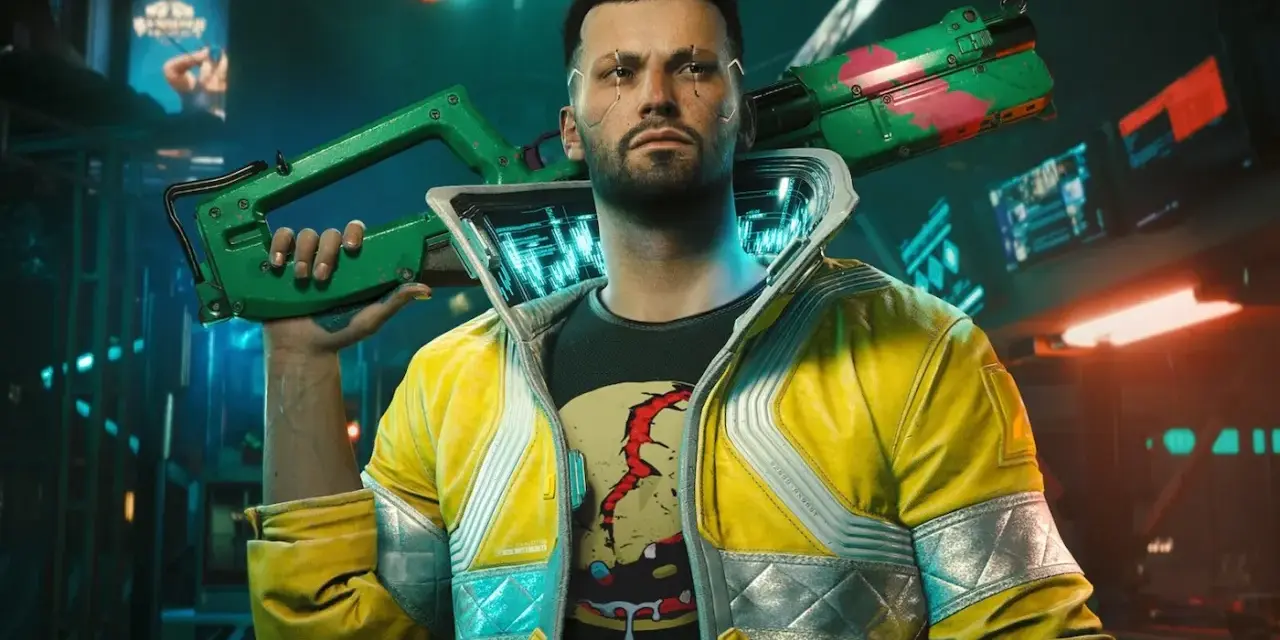 Mężczyzna w żółtej kurtce z bronią w stylu cyberpunk Orion.