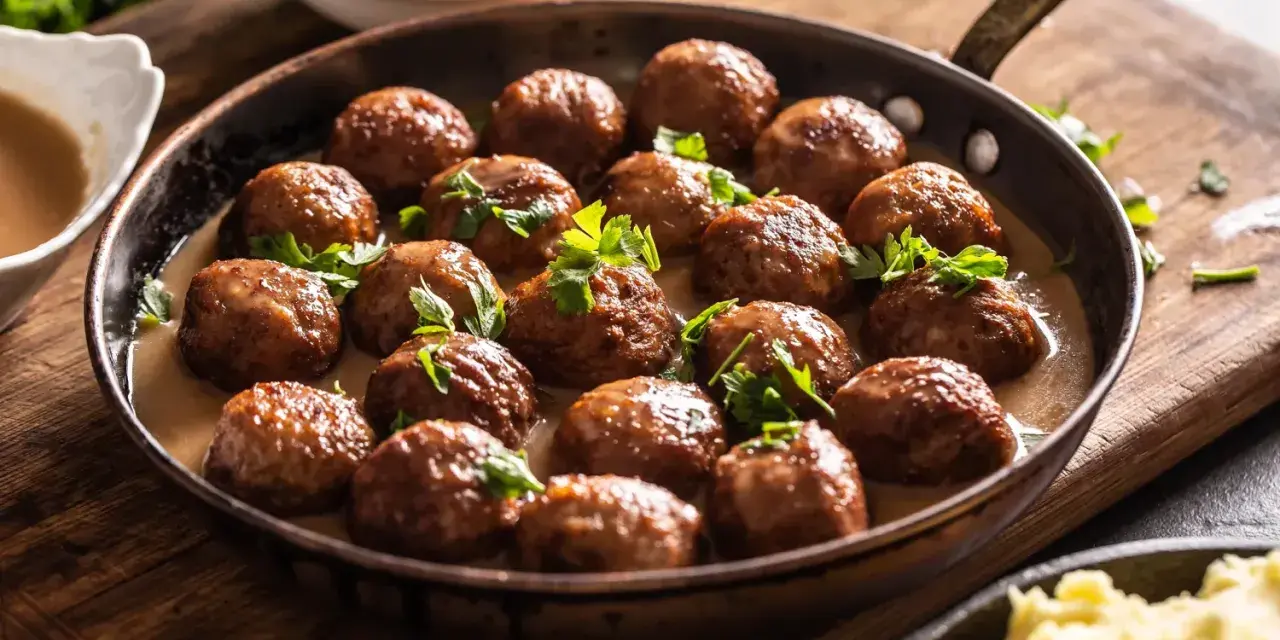 Une poêle remplie de boulettes de viande savoureuses, nappées de sauce crémeuse et garnies de persil frais. Une invitation à découvrir cette recette de boulette de viande.