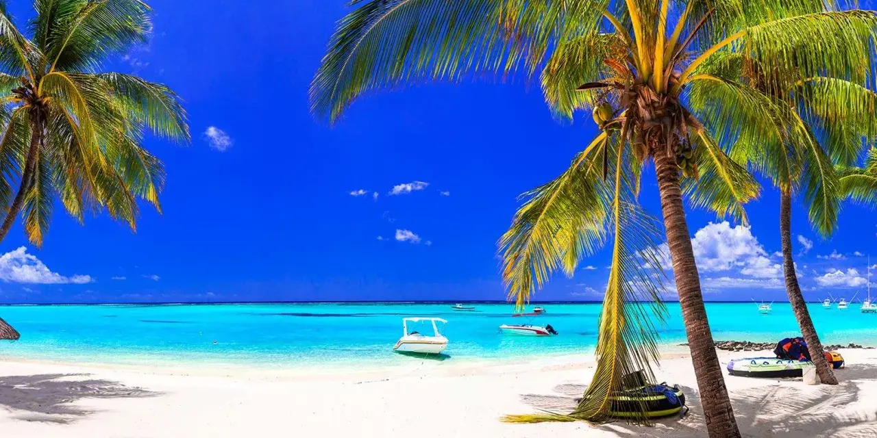Rajska plaża na Mauritiusie w czerwcu. Błękitne niebo, turkusowa woda i palmy tworzą idealną pogodę na wakacje.