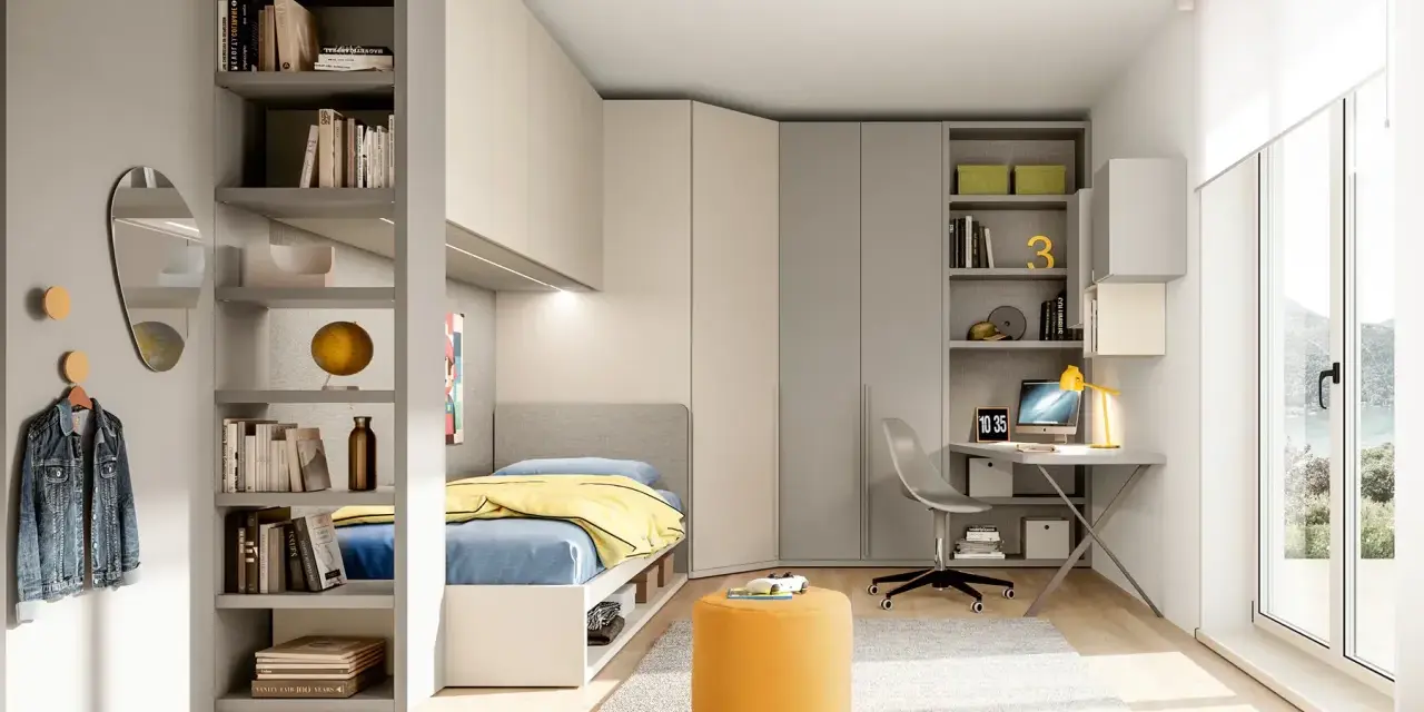 Camerette con cabina armadio, letto singolo, scrivania e libreria. Arredamento moderno e funzionale per ragazzi.